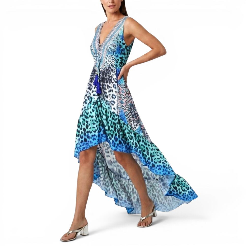 NWT La Moda Rhinestone Embellished Hi-low Ruffle Hem Maxi Swim Dress Cover-up